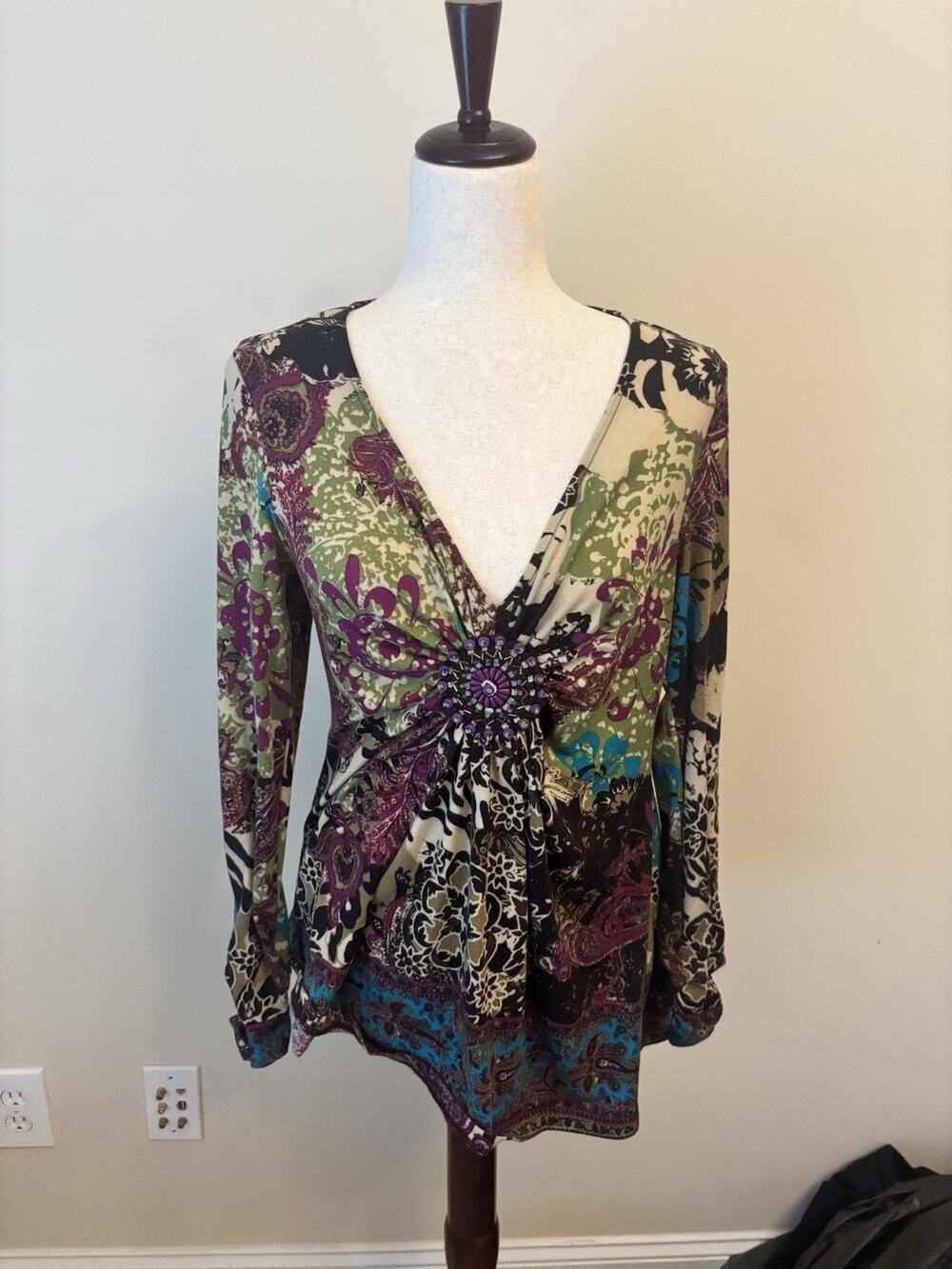 ECI Vintage Boho 90s Top Beaded Lowcut Colorful Longsleeve Unqiue Size M